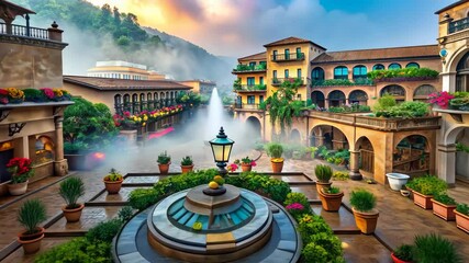 Poster - Tranquil Courtyard Oasis A Serene Escape with Lush Gardens and a Majestic Fountain