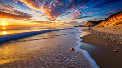 Poster - Golden Sunset Ocean Waves Gently Crashing on a Pebble Beach