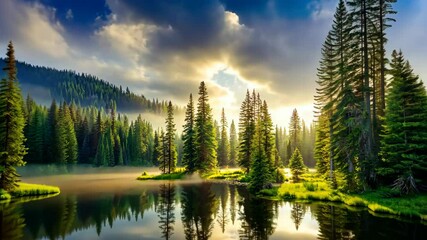 Poster - Serene Sunrise Over a Tranquil Lake in a Lush Green Coniferous Forest