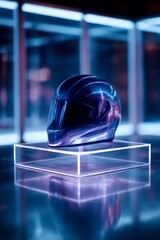 Poster - Futuristic Motorcycle Helmet on Display: Neon Blue Lighting and Reflective Surface