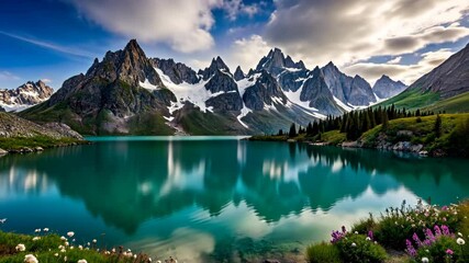 Poster - Serene Mountain Lake Reflecting Majestic Peaks and Lush Greenery Under a Vibrant Sky