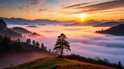 Poster - Majestic Sunrise Over a Misty Mountain Valley with a Lone Pine Tree