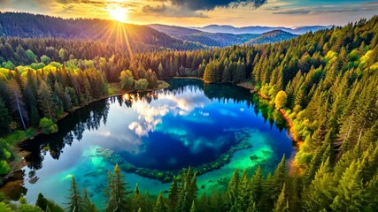 Poster - A Breathtaking Aerial View of a Pristine Lake Nestled Amidst a Lush Evergreen Forest at Sunset