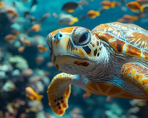 Wall Mural - A sea turtle swimming among colorful fish in a coral reef underwater