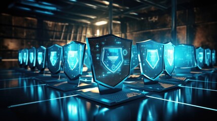Picture of digital security system to protect dangerous hacking computer user in colorful light of cyberspace style theme. Coding and programming for guarding digital technology from criminal. AIG53.