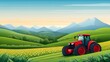 © khonkangrua - Red Tractor on Vibrant Green Hills Under a Clear Blue Sky Backdrop