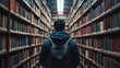 © Naknakhone - A cinematic shot of a student searching for knowledge, walking between towering bookshelves.