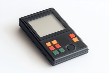 Classic black handheld game console with colorful buttons and a blank screen on a white background