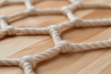 Detailed macro of white rope net on wood surface square patterns