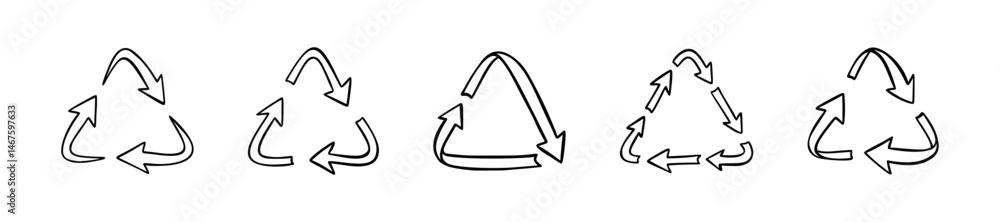 Set of hand drawn doodle triangle recycle symbol. Reuse sign drawing ...
