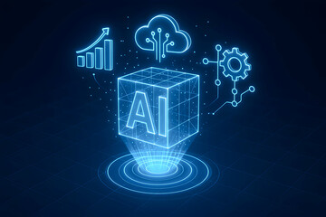 a futuristic representation of artificial intelligence. the image features a glowing ai cube surroun