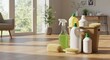 © Luiz  Fernando - Bright modern home with cleaning supplies on wooden floor, eco-friendly products, natural daylight
