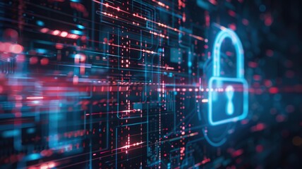 Picture of digital security system to protect dangerous hacking computer user in colorful light of cyberspace style theme. Coding and programming for guarding digital technology from criminal. AIG53.