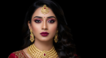 an elegant indian bride showcases her stunning beauty with intricate makeup and jewelry.