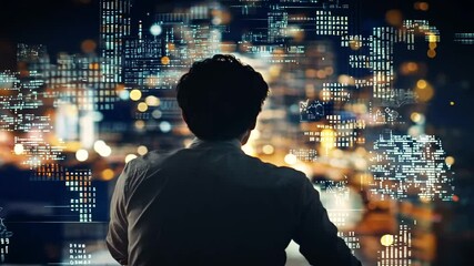 Man from behind views intricate data on a transparent screen overlooking a luminous, blurred night cityscape. High-tech interface