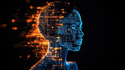 Wall Mural - a futuristic digital representation of a female face emerges from glowing particles suggesting techn