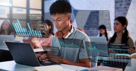 Aufkleber - Man, laptop and hud with statistics in workshop for online trading course or market analysis in class. Male person, junior trader or intern on computer with digital overlay for investment platform