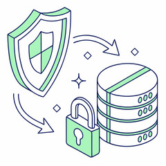 Wall Mural - Data security icon featuring shield, lock, and flowing data streams