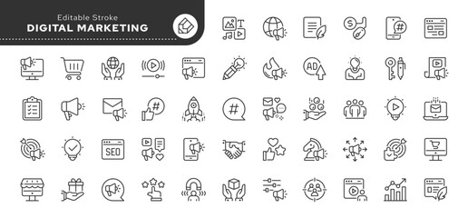 digital marketing line icon set. marketing, advertisement, communication, content, seo, product, blo