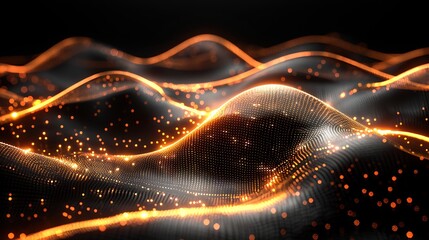 Wall Mural - glowing orange waves made of tiny digital particles undulate smoothly over a black background.