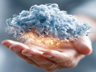 Fototapete - A Hand Holding a Cloud with Sparks: A Fusion of Nature and Energy