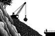 © Tida - Sketch Construction Crane Mining Site Operation - A crane moves stones from a mountainside, symbolizing industry, extraction, landscape alteration, human impact, and resource depletion