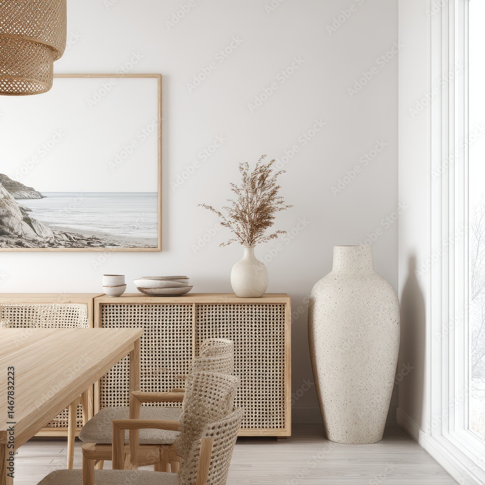 Modern minimalist dining area with natural elements, light wood ...