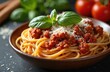 © Pete - Spaghetti bolognese, topped with basil, grated parmesan. Delicious pasta meal in bowl. Italian cuisine with tasty tomato sauce, meat. Traditional dinner, homemade, culinary presentation.