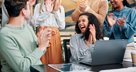 Aufkleber - Applause, success and business woman with team for winning, bonus or creative proposal approval. Excited, people and laptop with happiness, cheers and celebration for collaboration funding at startup