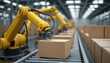 © Pete - Industrial robotic arm packs goods boxes on conveyor belt in modern warehouse. Automation tech in logistic process. Automated production, ai. Cargo packing, delivery.