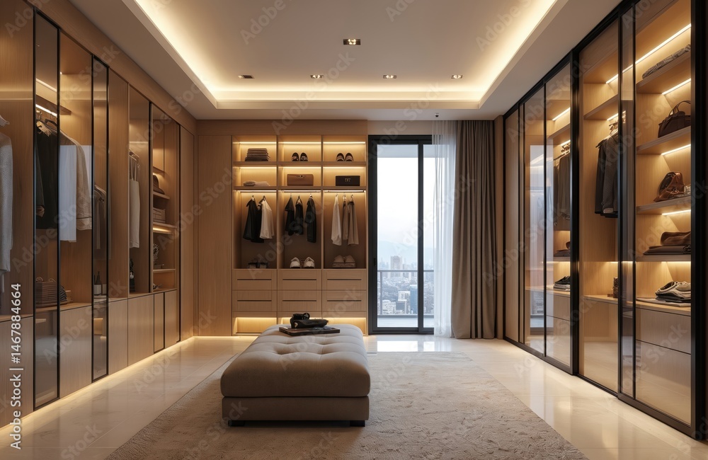 Luxurious walk-in closet with modern design. Glass wardrobe doors ...