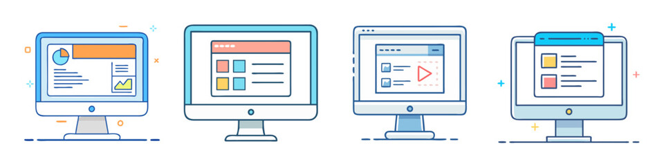 Vector illustration of modern desktop computer with multiple screens and different interfaces