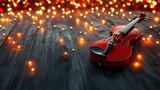 Red violin on dark wooden floor, festive lights