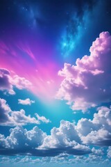 Wall Mural - Azure sky, fluffy white clouds, distant starlight , twilight, illustration
