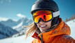 © Maryna - Smiling snowboarder girl in helmet, orange goggles against snowy mountains background. Blonde hair, winter sport, outdoor recreation at ski resort on vacation. Beautiful female with white teeth