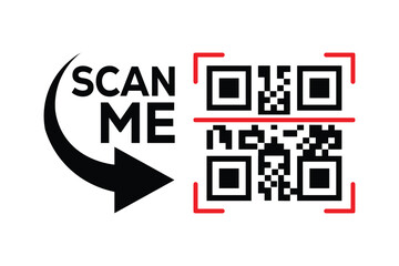 minimalist black and white graphic design with bold 'scan me' text, curved arrow, and hollow rectang