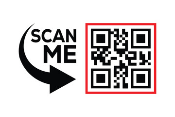 minimalist black and white graphic design with bold 'scan me' text, curved arrow, and hollow rectang