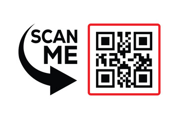 minimalist black and white graphic design with bold 'scan me' text, curved arrow, and hollow rectang