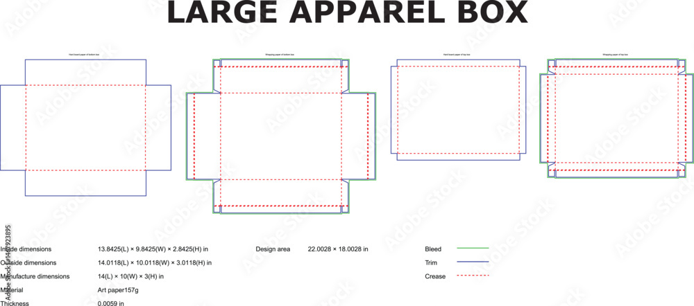 Creasing Line Box Detailed template designs of a large apparel box with bleed trim and ...