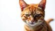 © Maryna - Close-up portrait of angry ginger cat with intense gaze against white background. Annoyed pet animal shows frustration, bad mood, aggression. Domestic cat with short hair and stripped fur.