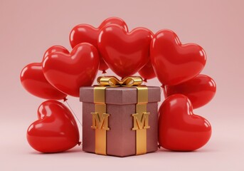 Wall Mural - A gift box surrounded by red heart shaped balloons on pink backdrop