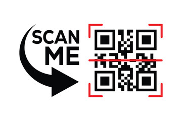 minimalist black and white graphic design with bold 'scan me' text, curved arrow, and hollow rectang