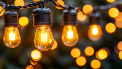 Wall Mural - glowing string lights with warm bokeh background, festive illumination for celebration decoration