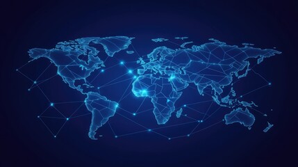 global network luminous world map on dark backdrop.