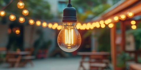 Wall Mural - glowing outdoor string lights with warm bokeh background at evening party celebration