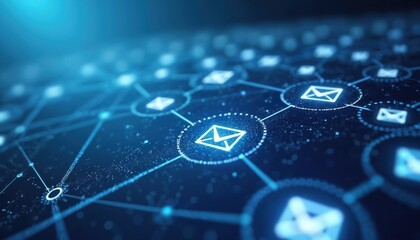 Digital illustration of email network connections. Abstract background with glowing envelope icons, lines, dots representing data flow, communication. Technology concept, email marketing. Cyber