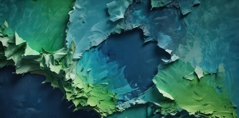 Wall Mural - Abstract layered paper texture; torn edges, green, blue hues, art, surface