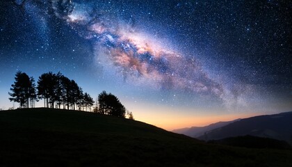 Wall Mural - space nebula over hills with trees dreamy night landscape with a cluster of stars and cosmic dust beauty of the universe
