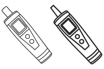 Two outline versions show an instrument with a screen and two buttons on white