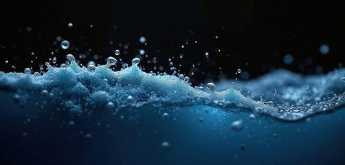 Fototapete - Illustration of pure blue water with tiny bubbles foam on black background. Water surface with small bubbles creates beautiful abstract liquid design. Ideal for natural, eco, cosmetic, medical
